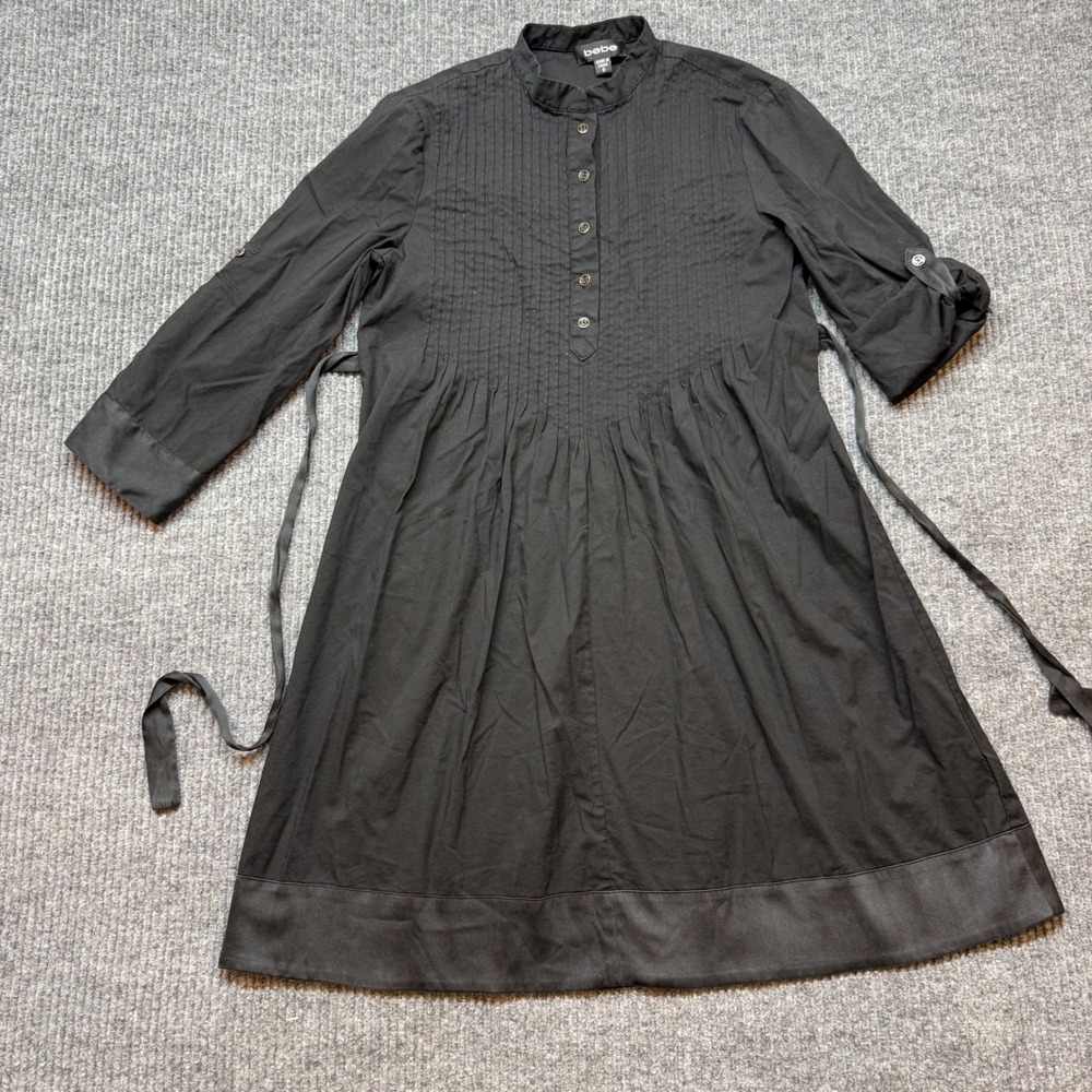 bebe Black Shirtdress Small Pleated Tuxedo Front Waist‎ Tie Mini Dress Y2K